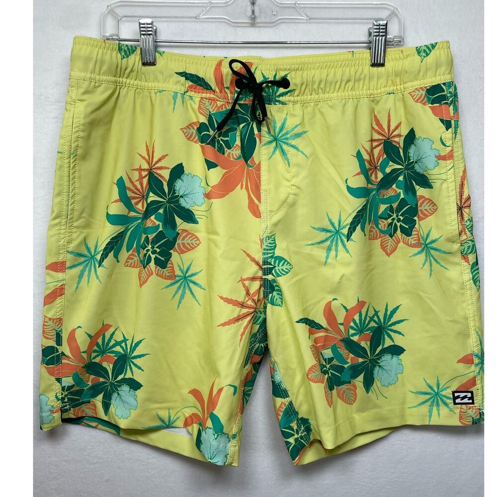 Billabong Recycler Board Shorts, Yellow Floral Pattern, Size Large
